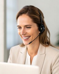 Female executive engaging in video call modern workplace closeup shot bright lighting authentic expression
