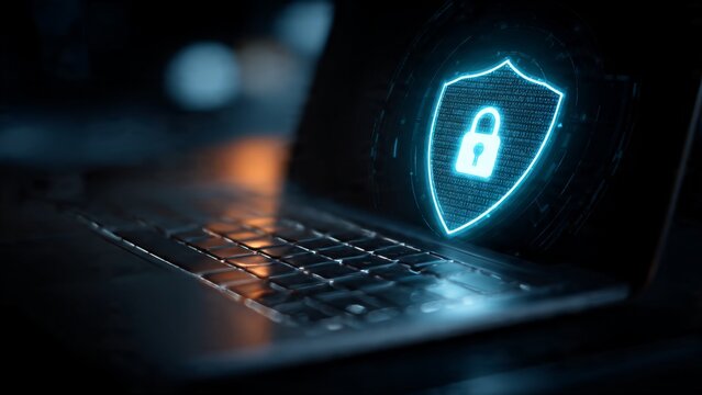 Close-up of laptop with digital shield and padlock hologram, representing cybersecurity protection, minimal glowing overlay, dark clean background.