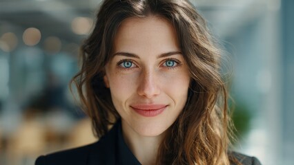 Confident businesswoman smiling in modern office portrait photography soft natural light professional environment