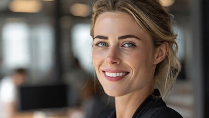 Confident businesswoman smiling in modern office closeup portrait soft natural light professional environment