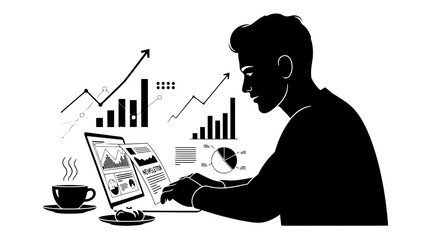 Man analyzing financial data and charts on laptop