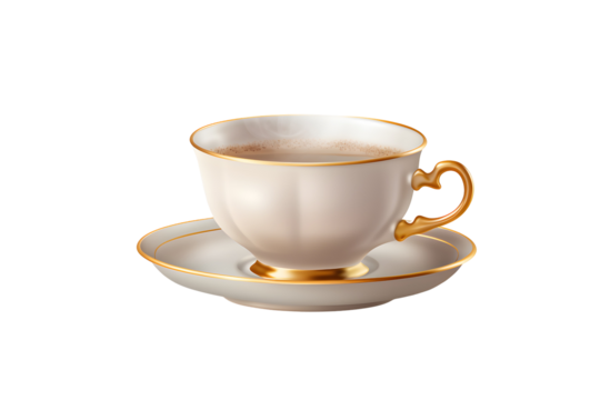 Classic White Porcelain Tea Cup and Saucer with Hot Steaming Tea Isolated on White for Breakfast and Relaxation