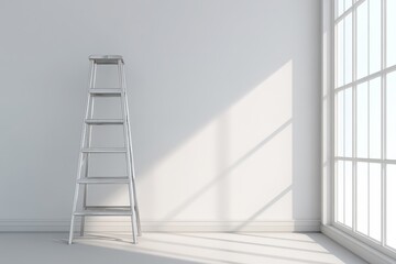 Photorealistic 3D render of a metal step ladder leaning against a pristine white wall in a bright minimal interior