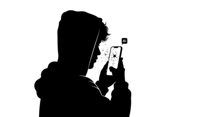 Silhouette of a person looking at a broken smartphone with ai symbol