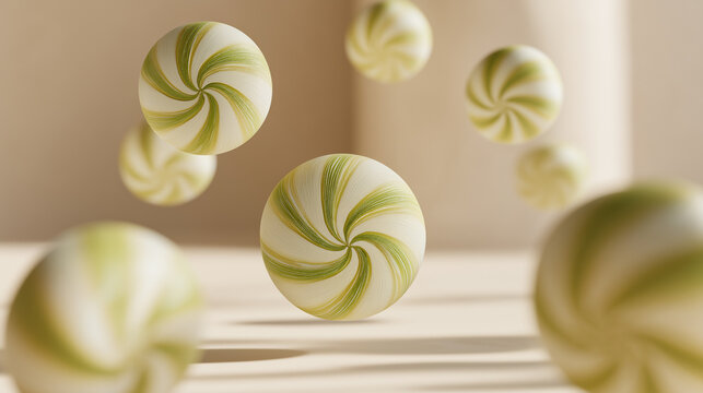 Background of green and white striped spheres ideal for abstract designs, digital art projects, or creative advertising materials. Refreshing and dynamic.