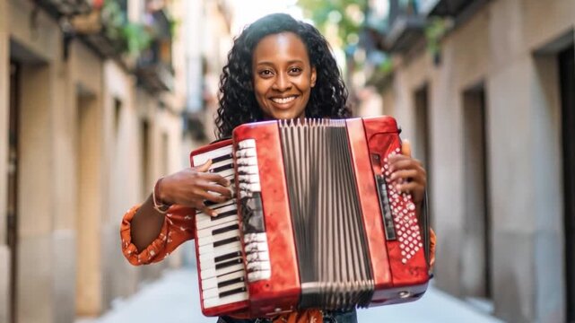 Woman playing accordion outdoors with buildings background