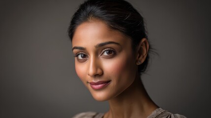 Polished studio portrait of a calm Indian woman with warm tones and approachable look