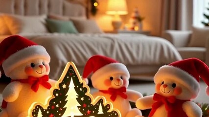 Playful decorations, soft plush toys in Santa hats, colorful lights, cheerful, family-friendly aesthetic