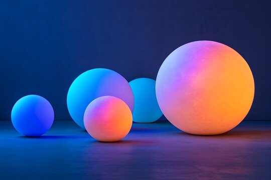 Group of glowing spheres in vibrant neon colors on a dark background