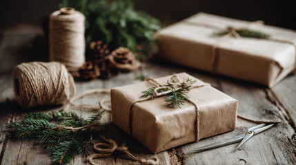 Rustic gift wrapping with kraft paper twine and evergreen sprigs on a wooden table