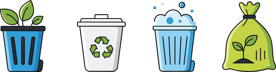 Eco friendly waste and recycling bins vector illustration set showing compost trash and recyclable containers
