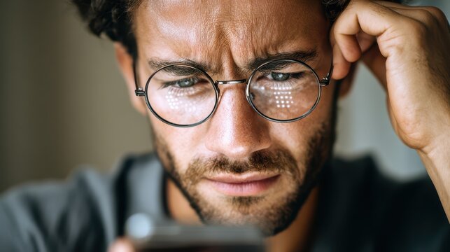 Portrait of a young man adjusting his glasses, conveying difficulty seeing clearly