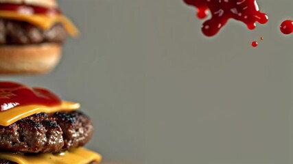 juicy cheeseburger with melted cheese and ketchup dripping down. The composition leaves the right side empty for text, logo, or branding elements. Ideal for fast food commercials, promo videos, restau - Powered by Adobe