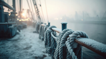 Obraz premium Frozen mooring ropes on docked ship during cold winter morning with fog, creating a serene and atmospheric harbor scene with visible frost textures.