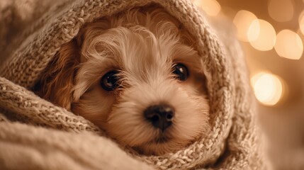 Puppy peeking from a plush blanket, comforting winter warmth in a homely setting