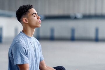 Young African American man meditates calmly, eyes closed, finding inner peace and tranquility.