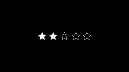Five solid white loading stars displayed horizontally on  representing a rating system in transparent background in 4K animation 