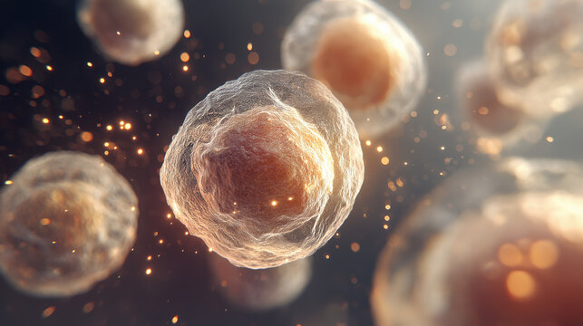 Multiple cells with bright particles closely surrounding them. Ideal for scientific presentations, biology textbooks, medical websites, and educational materials.