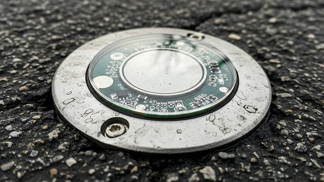 Close-up of a circular electronic smart sensor flush-mounted in a dark asphalt road surface.