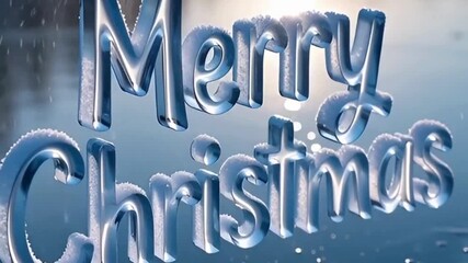 “Merry Christmas” carved ice typography with snow dust on edges, transparent crystal-like letters, winter wind particles, frozen lake background, bright reflections, cold blue palette, ultra-realistic - Powered by Adobe