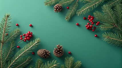 Festive christmas fir branches with pine cones and red berries arranged on a deep teal green background for a holiday season greeting card