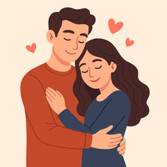 Loving couple hugging. Vector flat illustration for valentine day. Young lovers. Guy and girl hugging. Man and woman in a gentle embrace with hearts