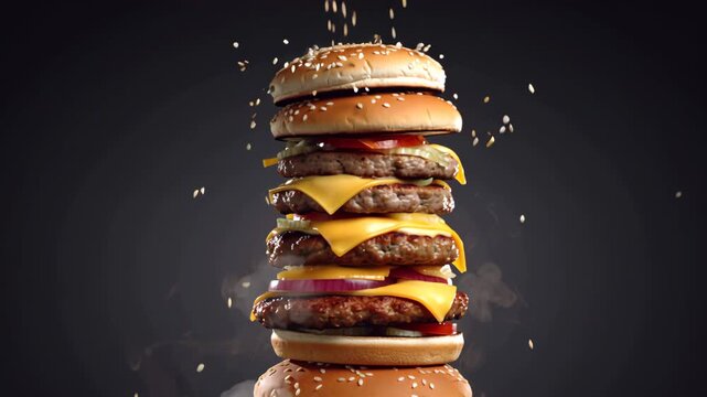 Tower of burgers with falling spices. Festive junk food concept