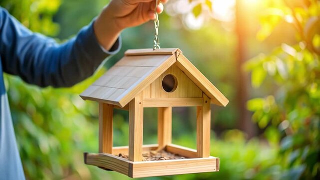 Wooden bird feeder held in hand against blurred green natural background