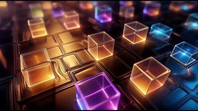 A neon digital stage with volumetric cubes and glowing lines. Technological and energetic.