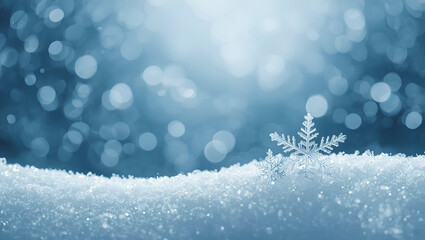 Snowflakes in Sunlit Winter Landscape with Blue Sky and Bokeh, Bright, cheerful winter scene with two decorative snowflakes resting on fresh snow under a clear blue sky