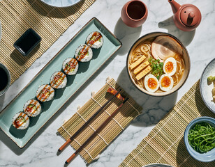 Delicious Japanese Cuisine: Ramen and Sushi Rolls on Marble Table