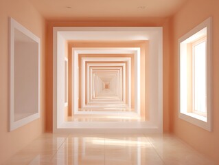 Floating window frames and doors in endless peach-hued surreal hallway