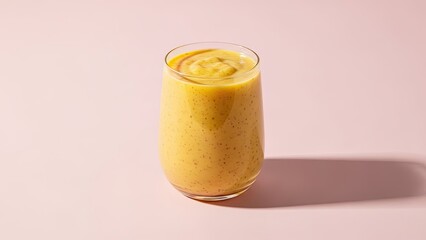 Healthy Yellow Smoothie in Glass on Pink Background Studio Shot