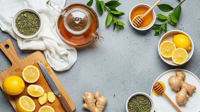 Healthy ginger lemon tea preparation with honey and fresh herbs
