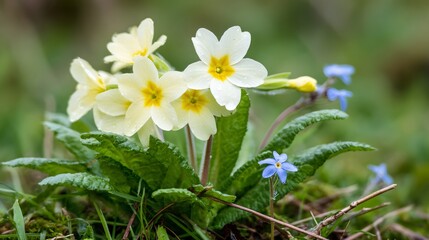 Bunch of yellow flowers with blue flowers in the background