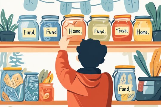 Person saving money in labeled jars.