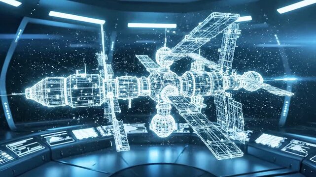 Futuristic schematic of a space station glowing against a dark blue cosmic backdrop