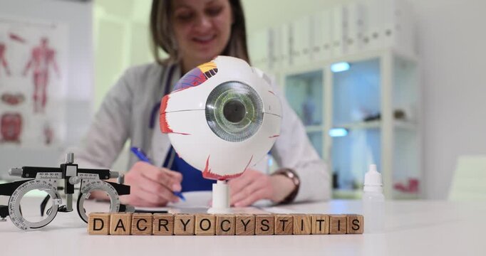 Wooden blocks spell word Dacryocystitis near eyeball model and lens frame. Woman ophthalmologist writes notes about tear sac infection treatment