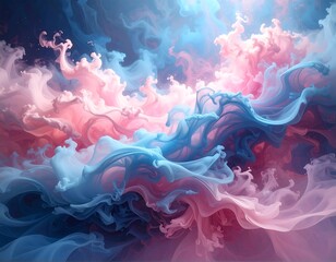 Swirling abstract artwork showing layers of pink and blue smoke