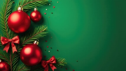 A festive Christmas background featuring greenery, red ornaments, and pine branches