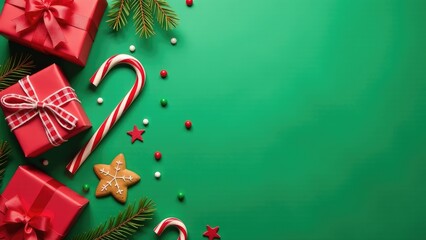 A festive holiday scene featuring a bright green background with colorful presents and candy canes