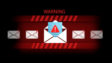 Cyber Security Warning Email Notification with Red Exclamation Mark on Opened Envelope for Phishing and Spam Alert Concept
