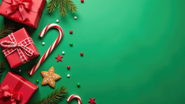A festive holiday scene featuring a bright green background with colorful presents and candy canes