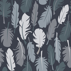 Seamless muted colors pattern with white and grey different shapes feathers on dark grey background. Could be used as wallpaper, texture, print, fabric. 
