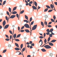Seamless floral pattern with white and dark blue flowers and leaves on pink background, hand drawn style. Could be used as wallpaper, texture, print, fabric. 