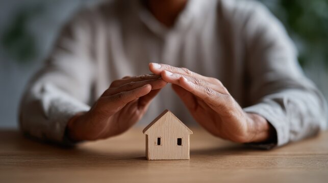 Hands are placed over a small wooden house model suggesting the importance of home insurance and safety. Soft light enhances the scene, with a simple background