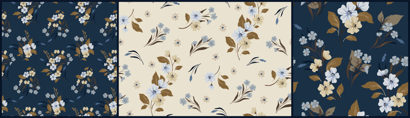 Seamless floral pattern, abstract ditsy print in autumn, winter motif. Elegant botanical design of hand drawn wild plants, small flowers, branches, leaves on a blue background. Vector illustration. © Yulya i Kot