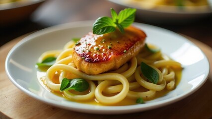 A plate filled with pasta and meat, great for food photography or culinary scenes