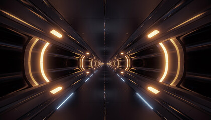 Futuristic sci-fi tunnel corridor with glowing golden neon lights