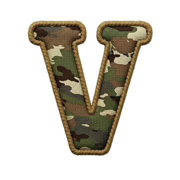 Camouflage letter V patch with rope border, military style fabric texture, green and brown colors, isolated on transparency background, rugged and tactical design